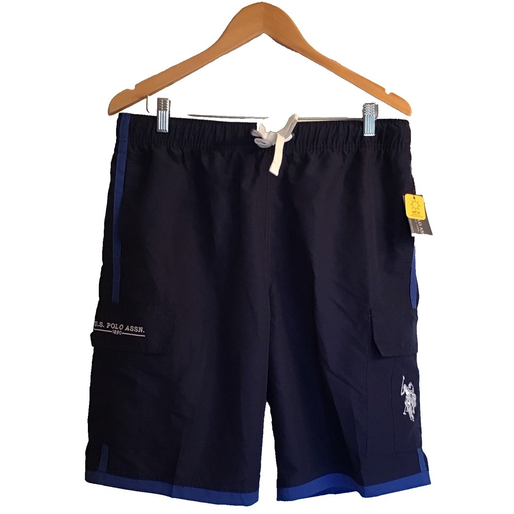NWT US Polo Assn Mens Swim Trunks Size L Navy & Lt Blue Trim Beach Board Shorts
